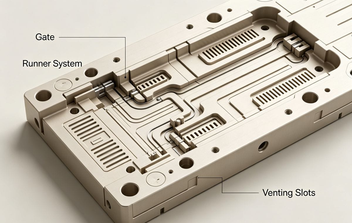 CAD design of PC injection mold with optimized gating and venting systems.