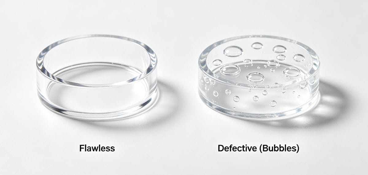 Transparent PC plastic injection molded parts showing bubble defects vs. perfect finish.