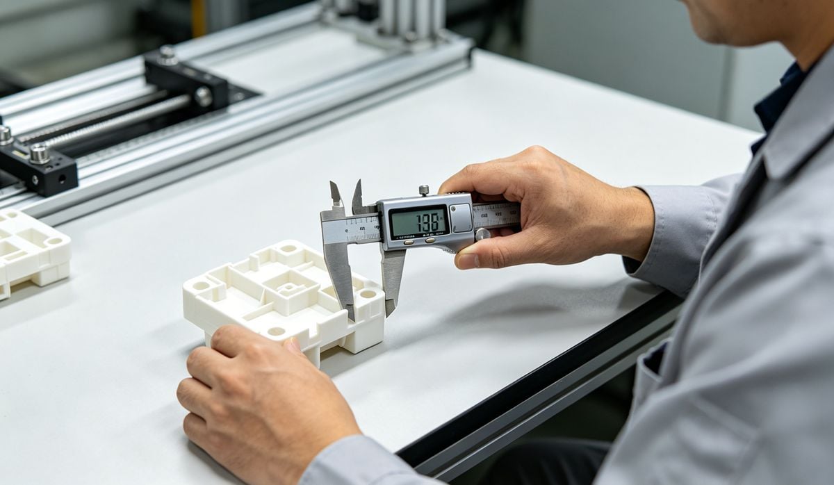 Technician measuring plastic injection molded part dimensions with digital calipers.