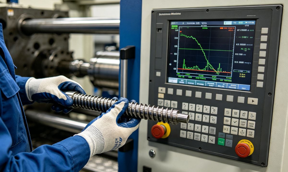 Injection molding machine control panel and maintenance inspection.