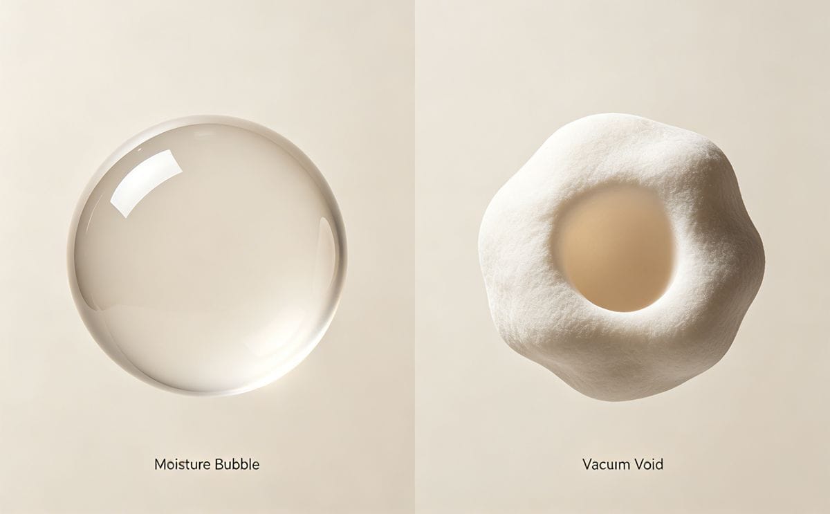 Comparison of spherical moisture bubble and irregular vacuum void in plastic.