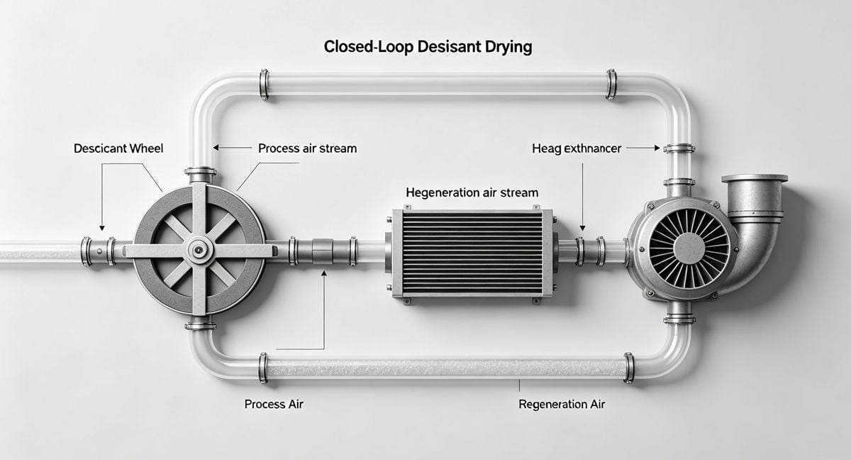 Desiccant dryer closed-loop system for plastic resin drying.