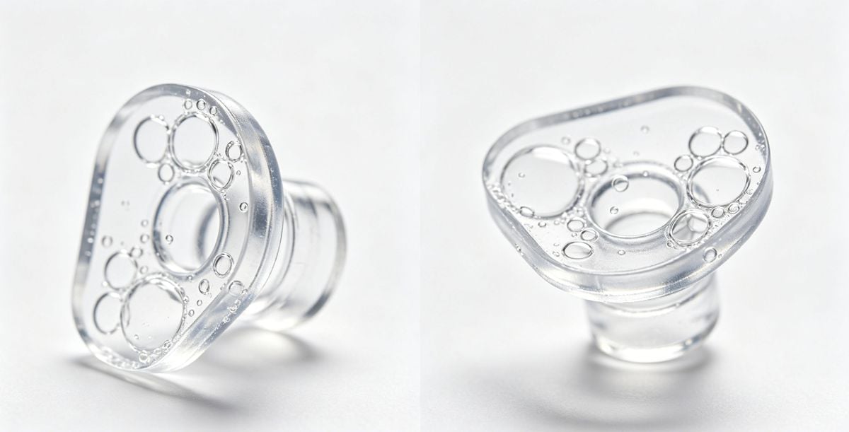 Visible bubbles in a transparent injection molded plastic part.