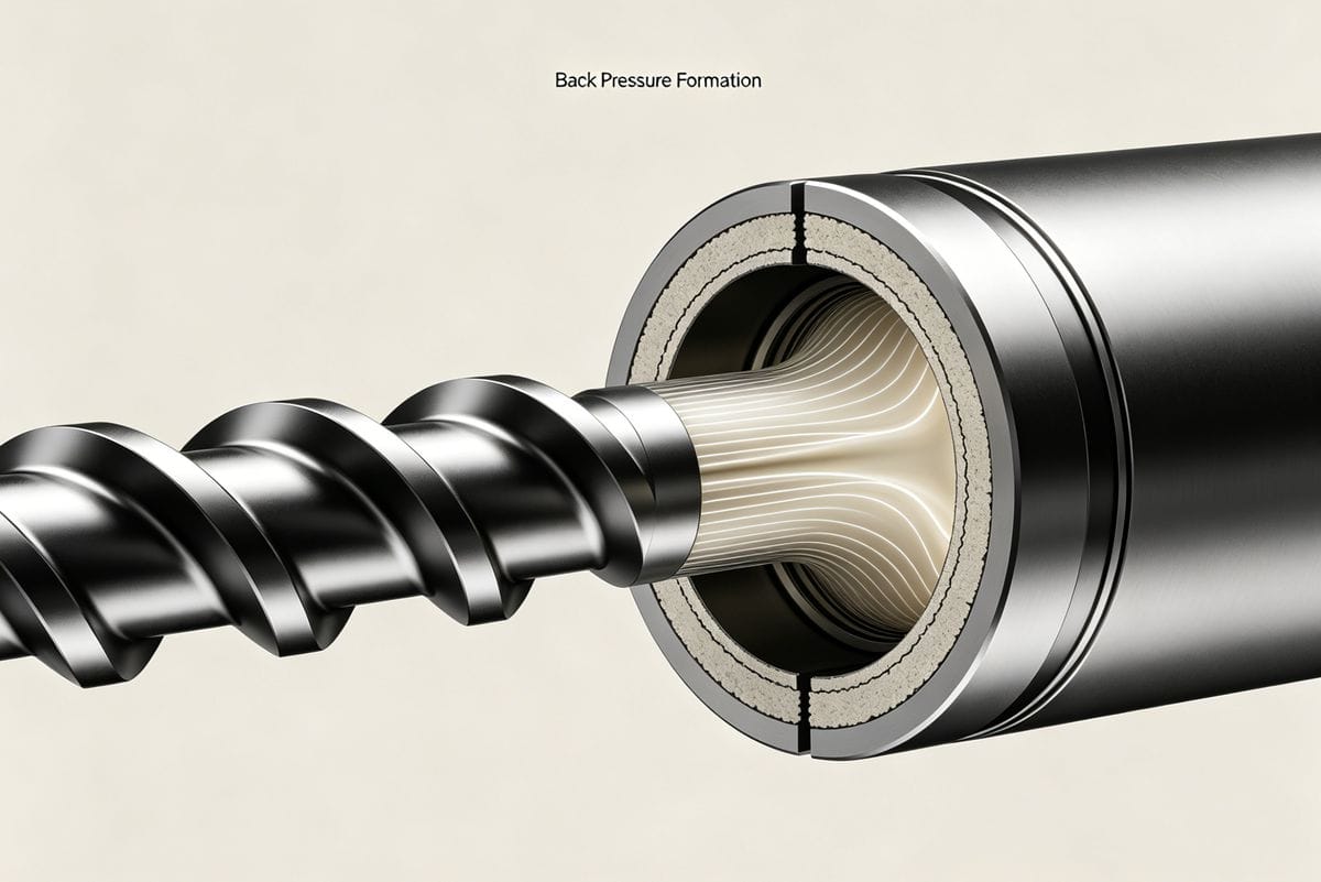 Diagram showing back pressure formation in an injection molding screw barrel.