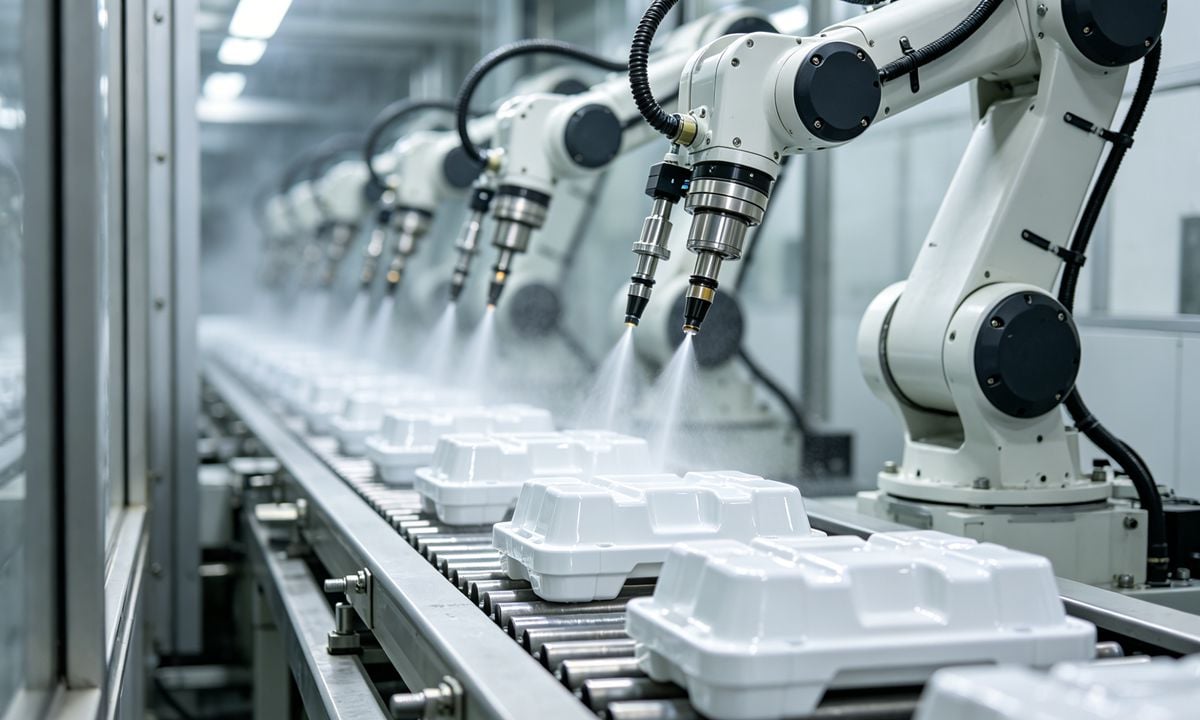 Automated plastic spray painting process for injection molding.
