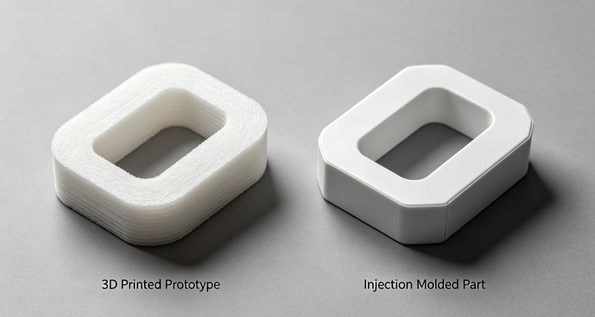 A 3D printed prototype next to a final injection molded part