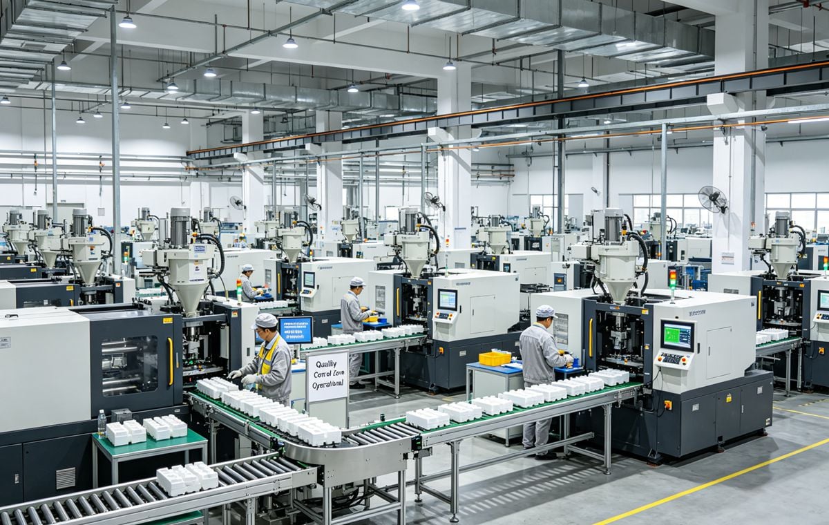Chinese Injection Molding Factory A busy, modern injection molding factory floor in China