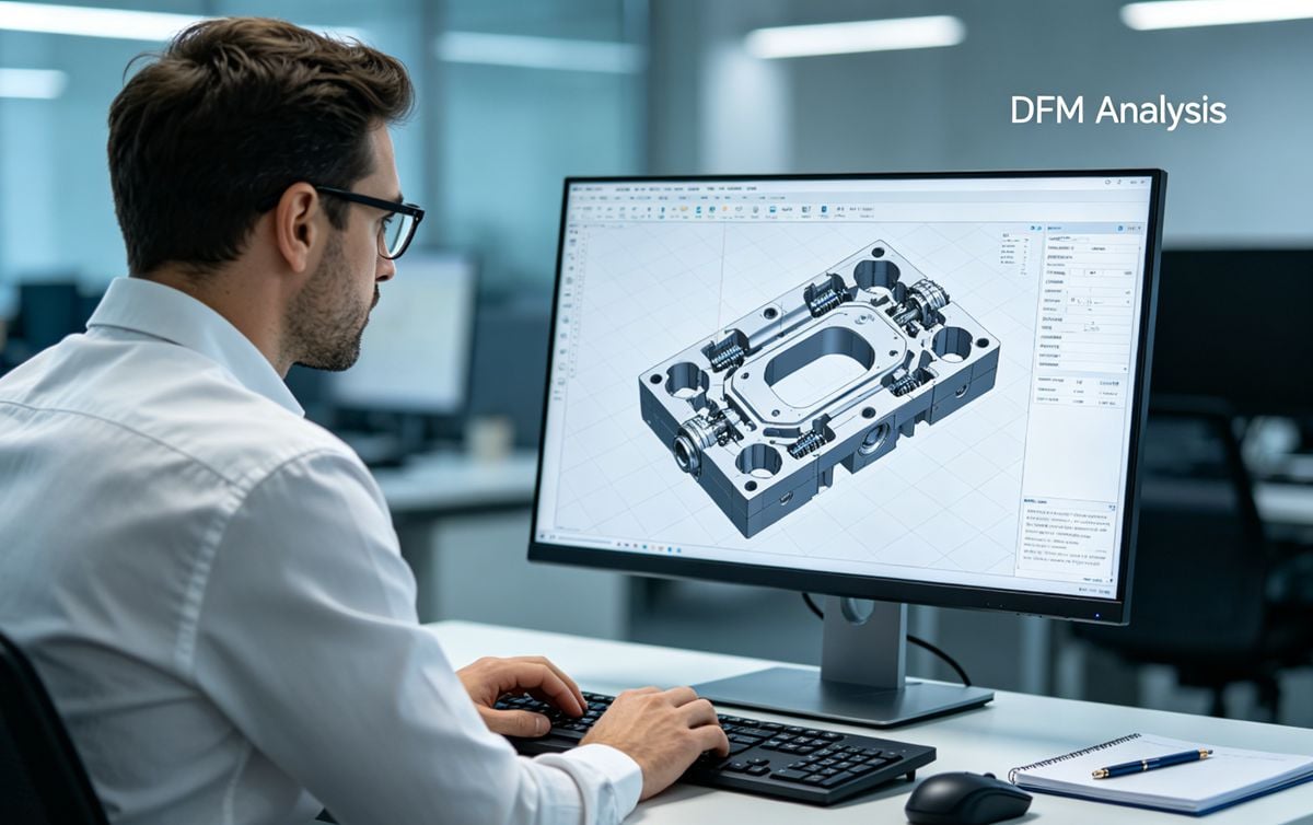 Design for Manufacturability Analysis An engineer reviewing a 3D CAD model on a computer for DFM analysis