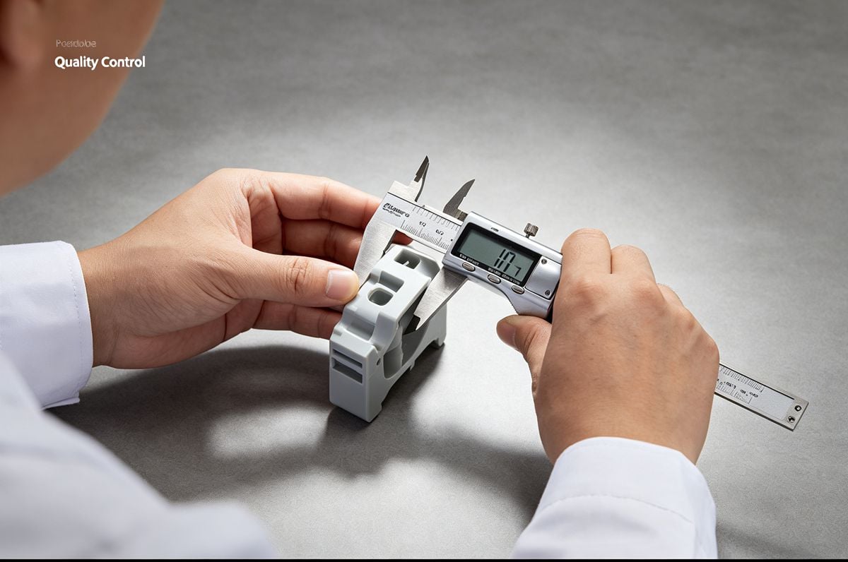 Quality Control Inspection A quality control inspector using calipers to measure an injection molded part