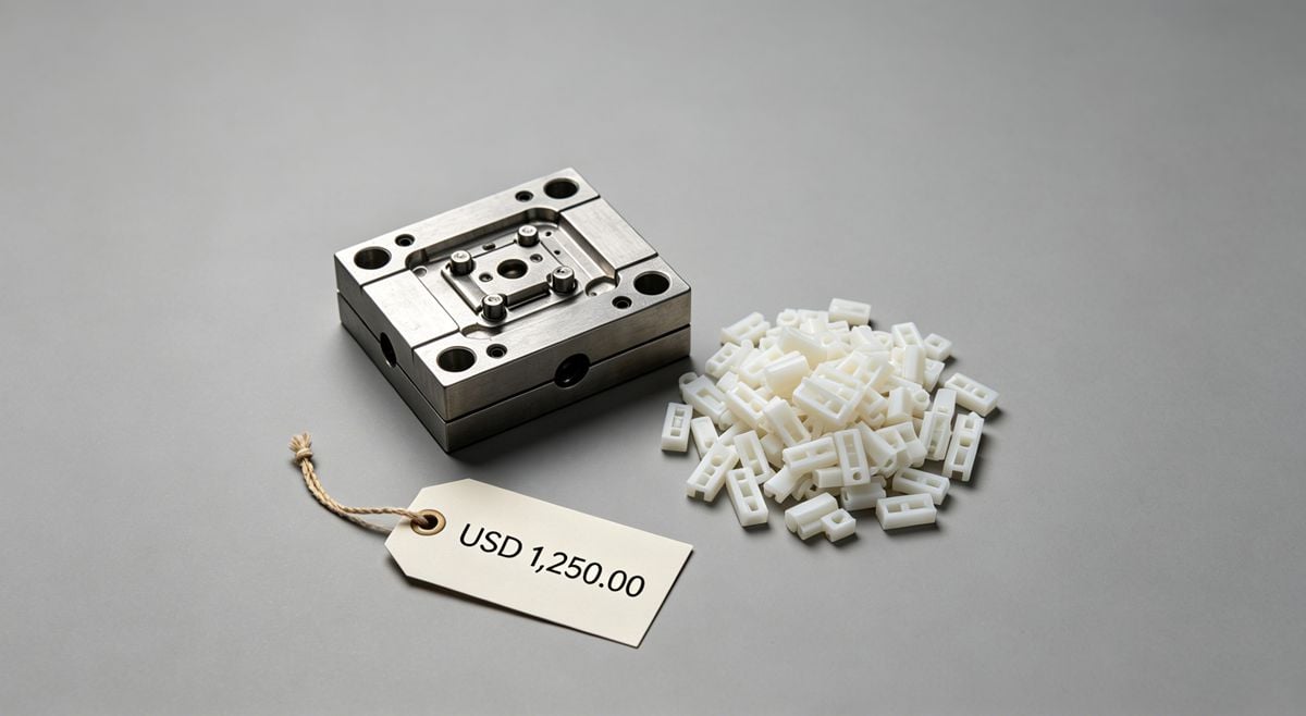 Injection Molding Costs in China A price tag next to a steel injection mold and a pile of plastic parts