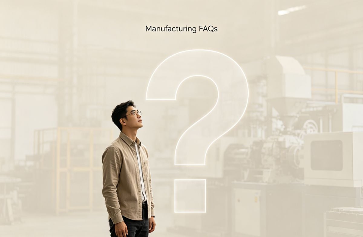 Frequently Asked Questions A person looking at a question mark, representing common questions about manufacturing
