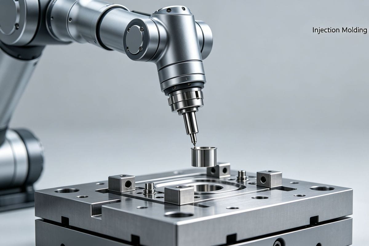 Robotic arm placing metal inserts into an injection mold for automated manufacturing.