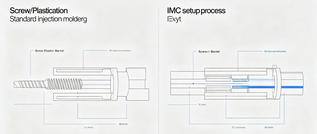 Comparison diagram of traditional injection molding screw versus inline compounding machine process.