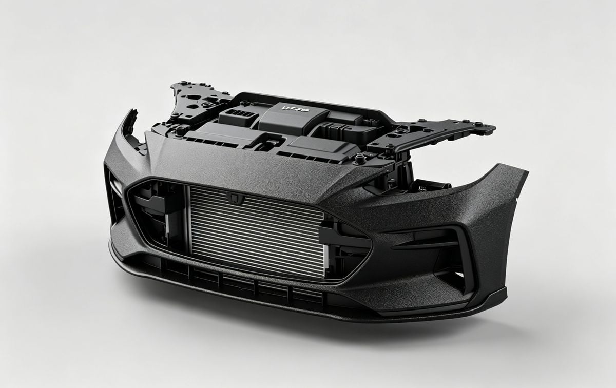 Automotive front-end module manufactured using long glass fiber reinforced polypropylene.