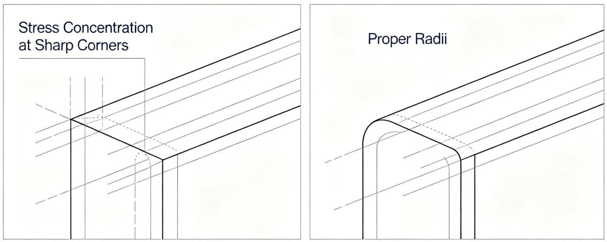 Part design optimization to prevent stress concentration and brittleness.