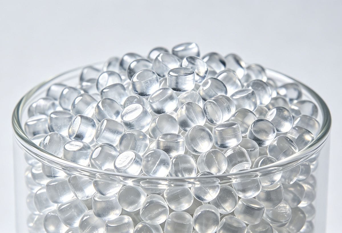 Pellets of clear PETG raw material in a container