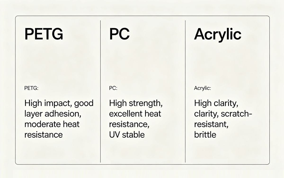 A chart comparing the properties of PETG, PC, and Acrylic
