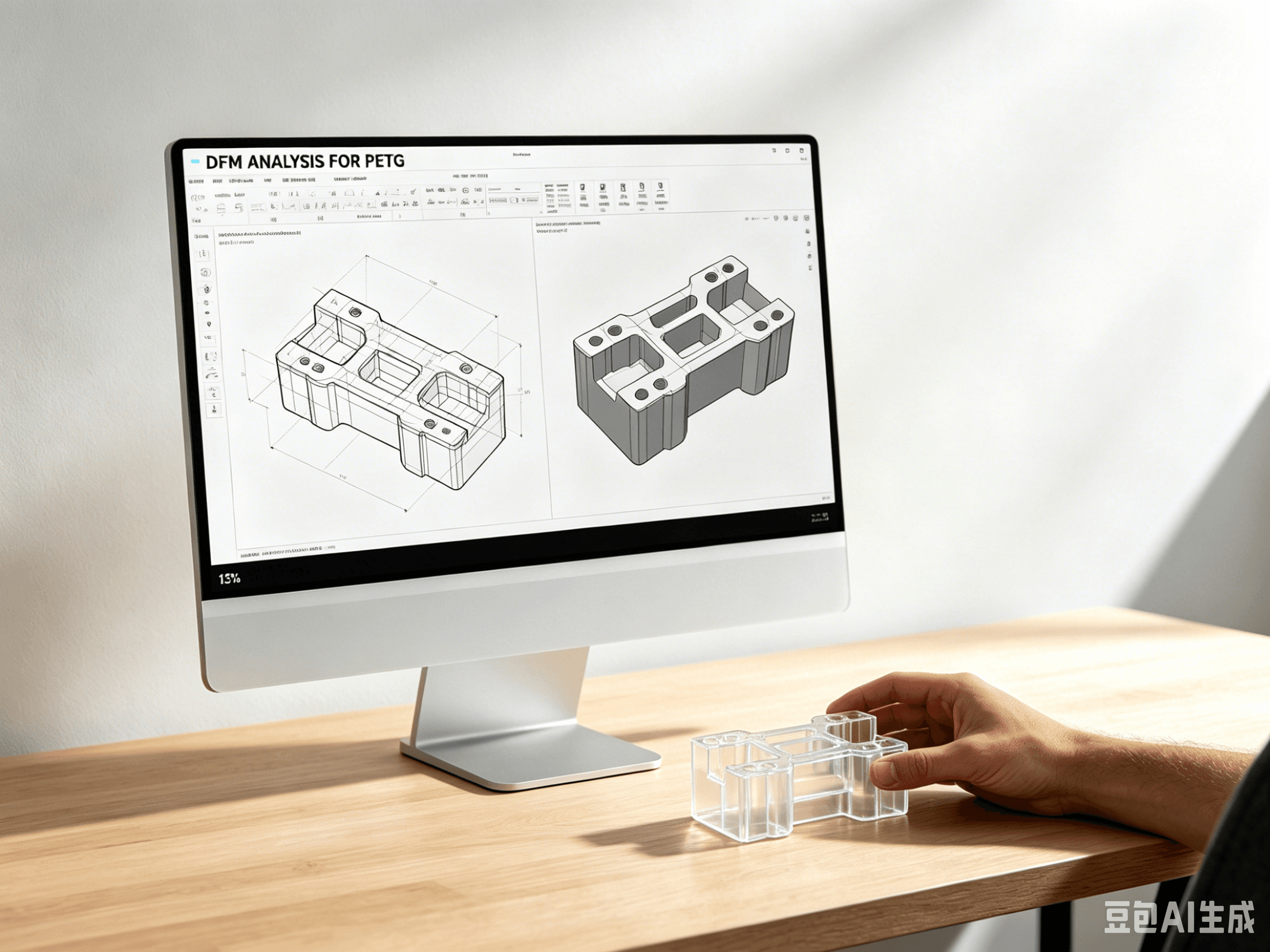 A person's hands holding a 3D model next to a computer screen showing CAD software