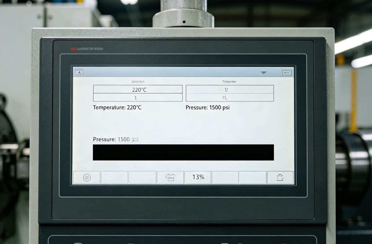 An injection molding machine control panel showing temperature and pressure settings