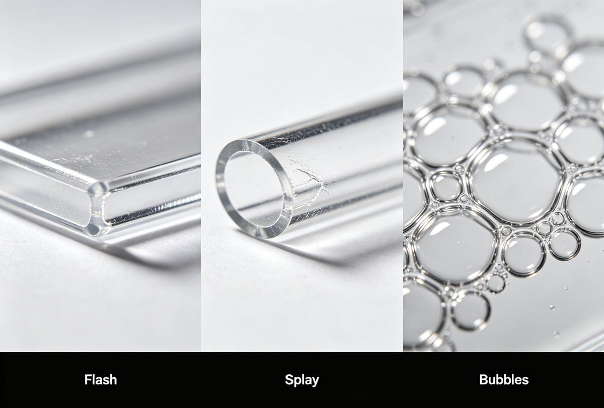 A collage of common PETG defects like flash, splay, and bubbles