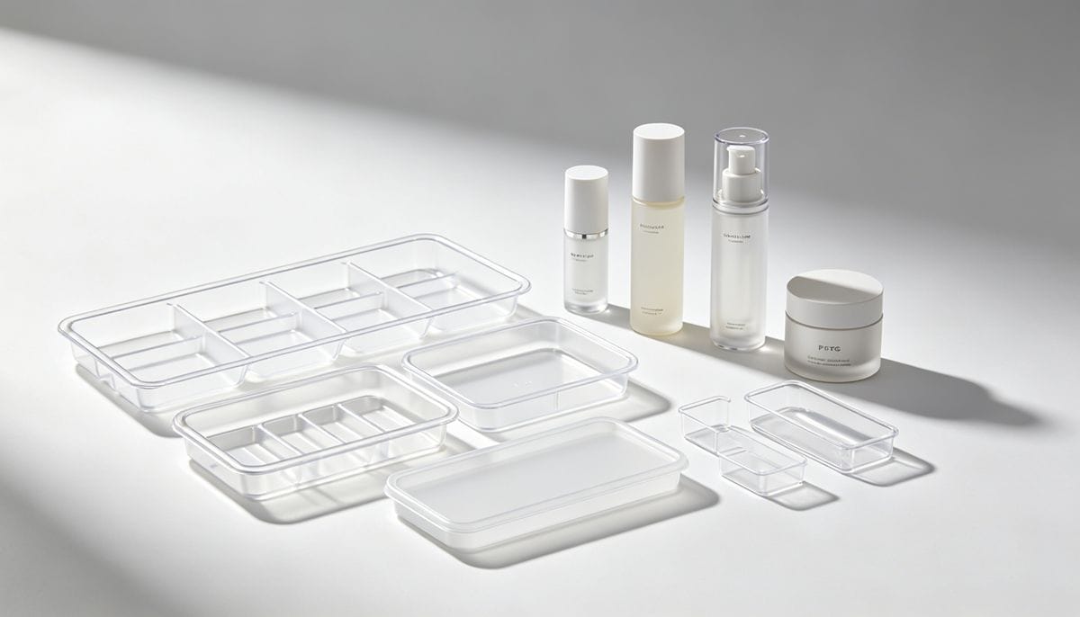 A collection of products made from PETG, such as medical trays and cosmetic containers