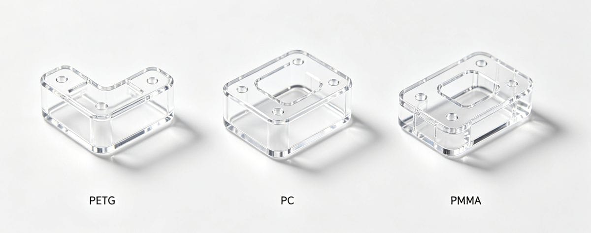 Three clear plastic parts made of PETG, PC, and PMMA side-by-side