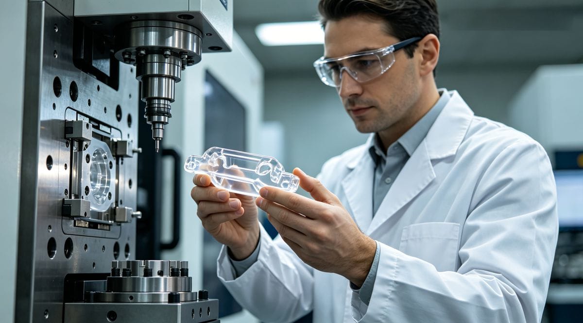 An Ideal Pro engineer inspecting a clear PETG part coming off the injection molding machine
