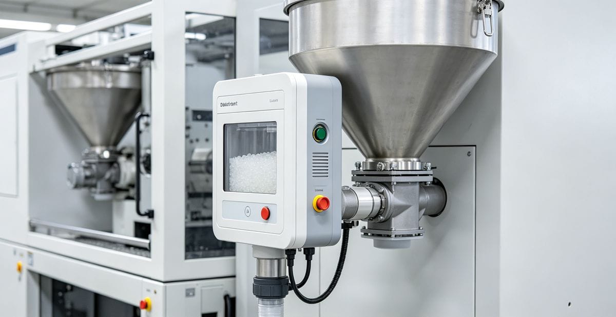 A desiccant dryer attached to an injection molding machine hopper