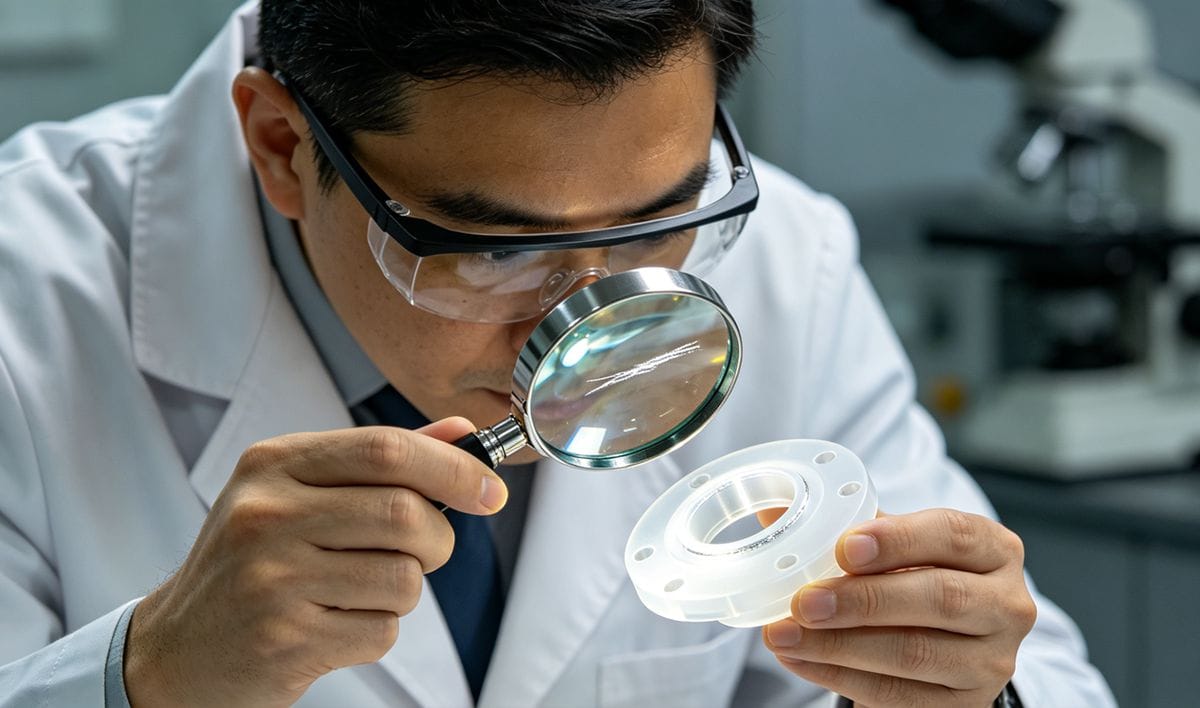 Inspecting PVDF Molding Defects An engineer inspecting a PVDF part for defects like silver streaks