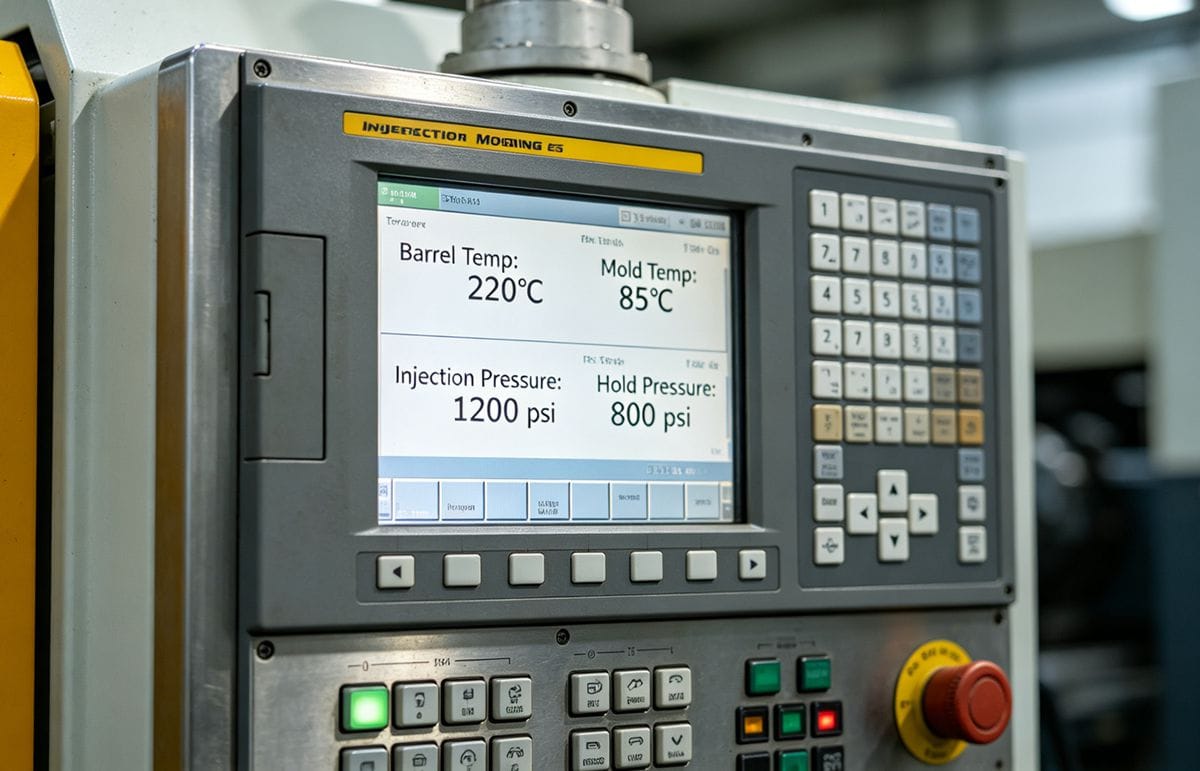 PVDF Injection Molding Machine Parameters A control panel of an injection molding machine showing specific temperature and pressure settings