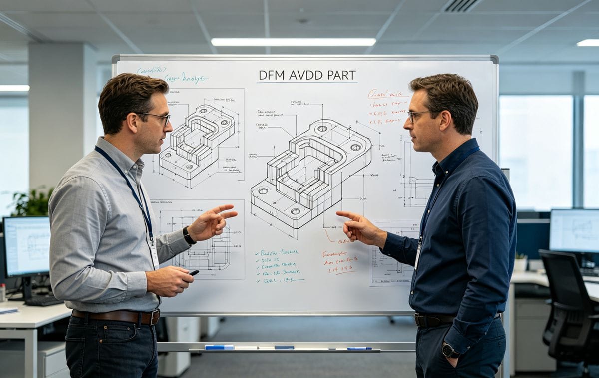 Partnering with PVDF Molding Experts Two engineers discussing a DFM analysis for a complex PVDF part