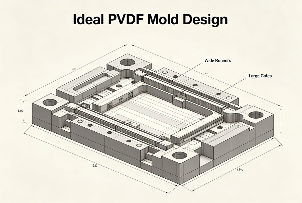 Mold Design for PVDF A diagram showing an ideal mold design with wide runners and large gates for PVDF