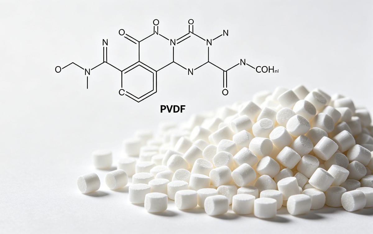 PVDF Material Pellets Chemical structure of PVDF alongside pellets ready for molding
