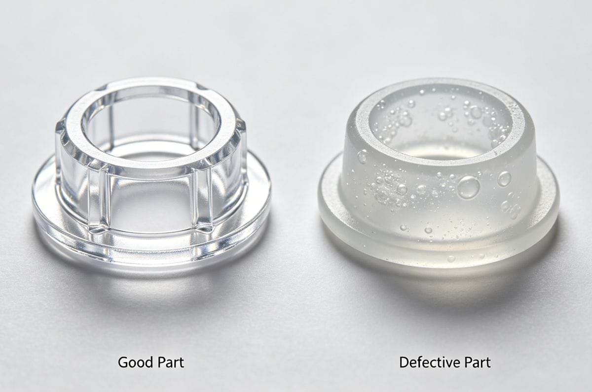 Clear vs. defective transparent plastic injection molded parts.