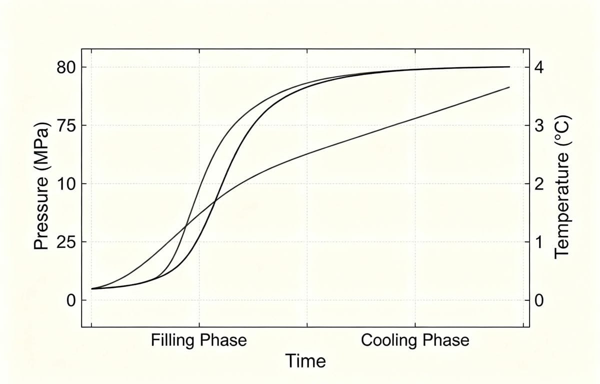 Injection molding process curve showing cavity pressure and temperature during cooling phase.
