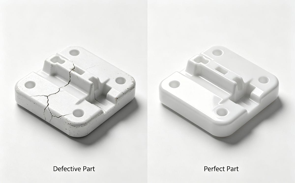 Comparison of injection molded parts with and without dynamic cooling time control.