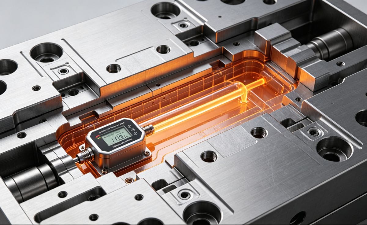 Combined cavity pressure and temperature sensor in injection mold for dynamic cooling control.