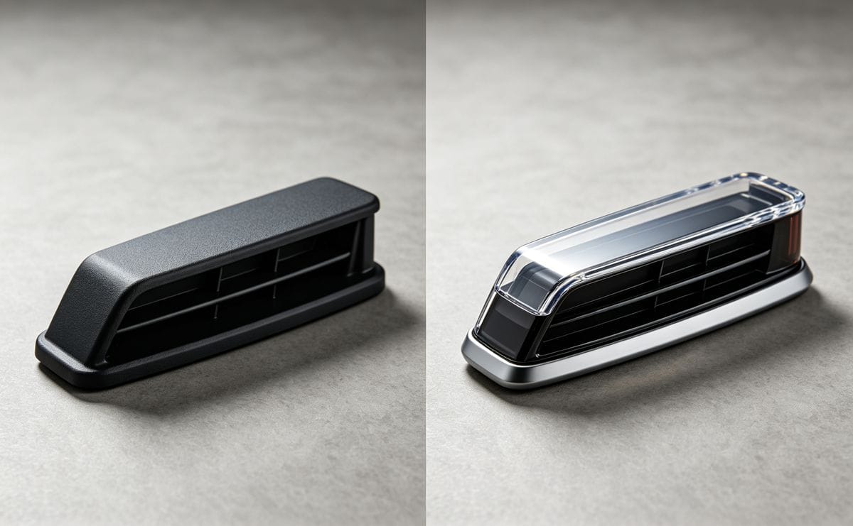 Side-by-side comparison between traditional single-color injection molded part and premium dual-color injection molded automotive trim part