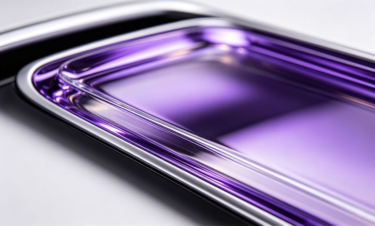Aurora Purple dual-color injection molded trim showing transparent surface layer, metallic base layer, depth gloss, and premium light-and-shadow effect