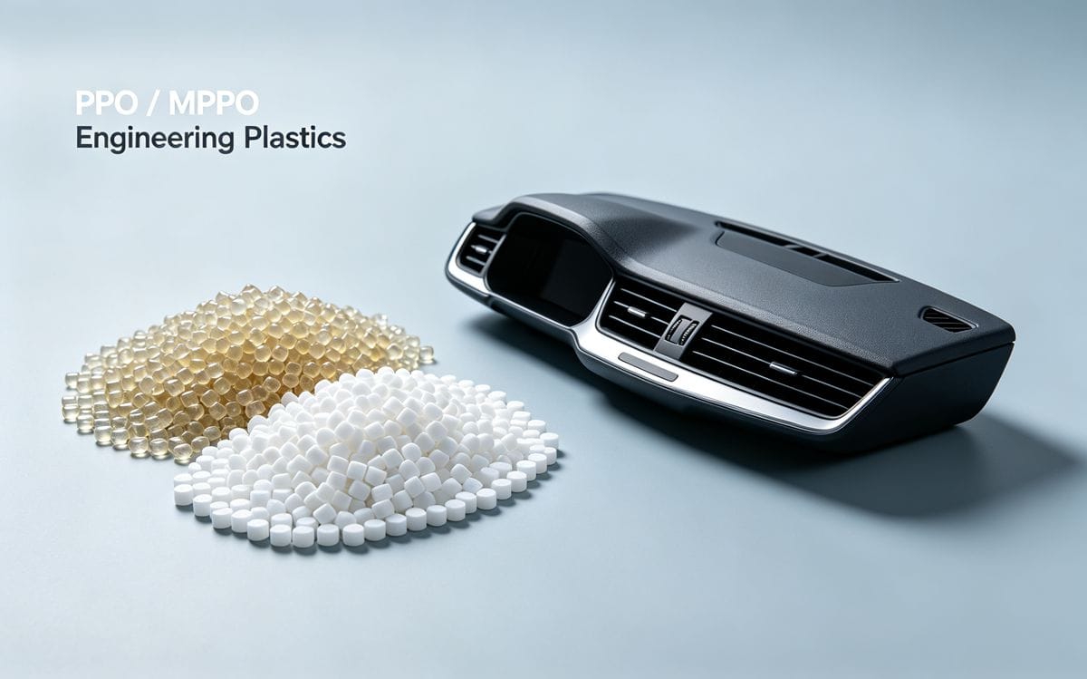 Polyphenylene Oxide (PPO) plastic pellets and automotive parts.