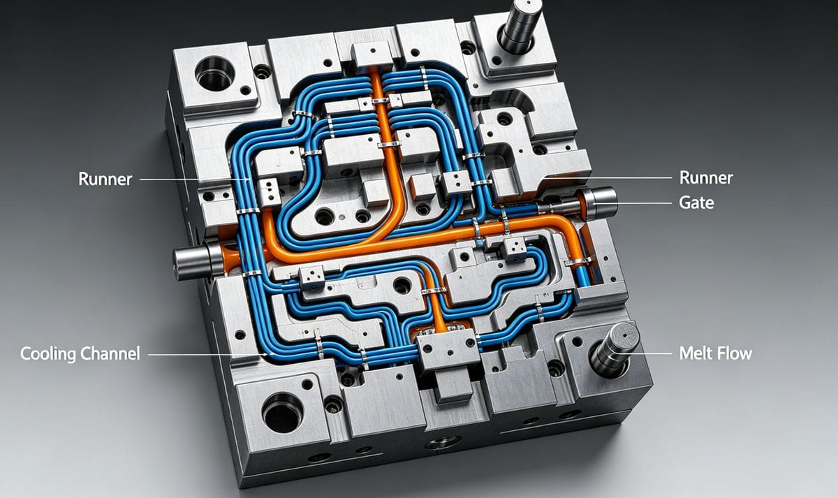 Injection mold design diagram illustrating HDPE runner, gate dimensions, and cooling channel placement