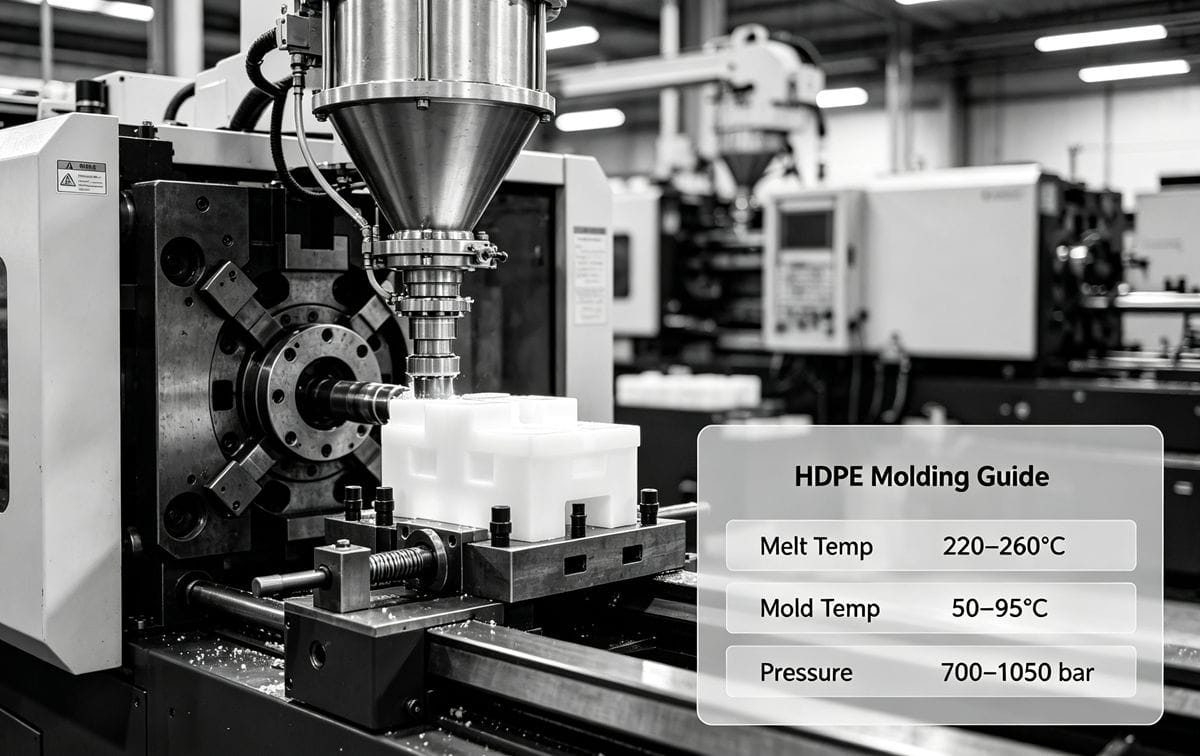 Injection molding machine in operation processing HDPE thermoplastic material
