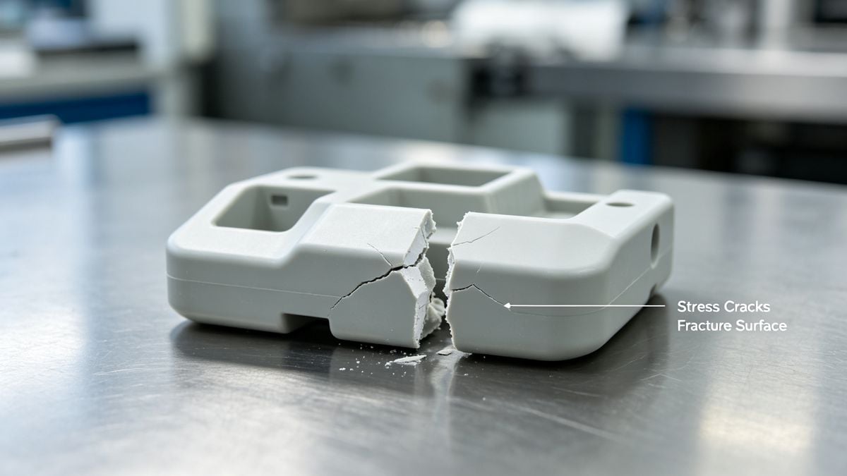 Brittle injection molded plastic part showing stress cracks and fracture.