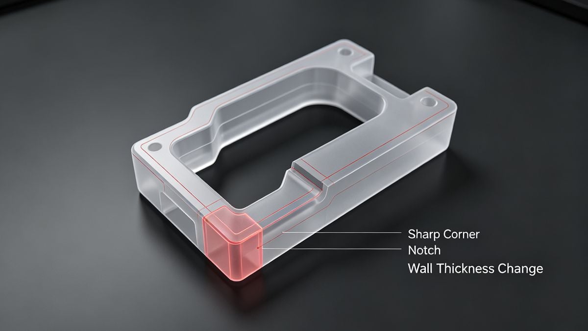 Diagram illustrating stress concentration points causing brittleness in injection molding part design.