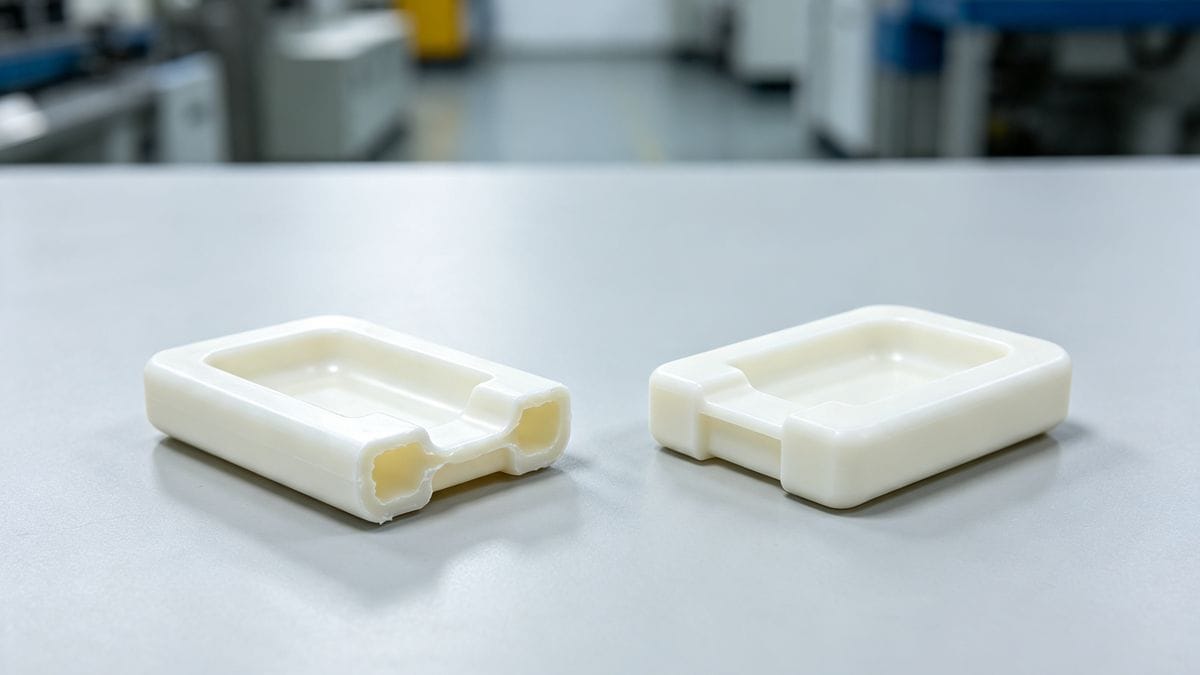 Incomplete injection molded part showing short shot defect next to a fully molded component.