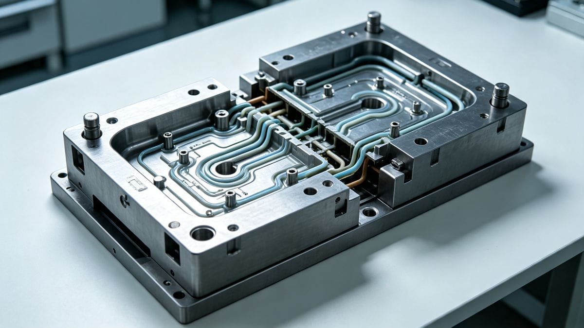 Cross-section of injection mold showing runner system, gate, and venting channels for proper plastic flow.