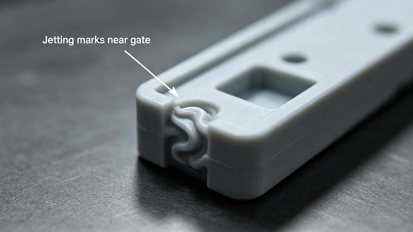 Injection molded part showing jetting marks and nozzle drool near the side gate.