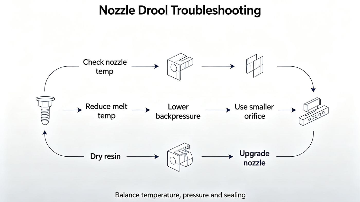 Troubleshooting flowchart for fixing injection molding nozzle drool and jetting defects.