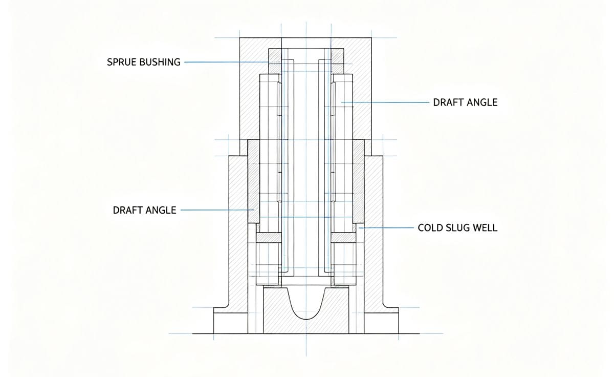 Technical diagram showing proper sprue bushing draft angle and cold slug well design.