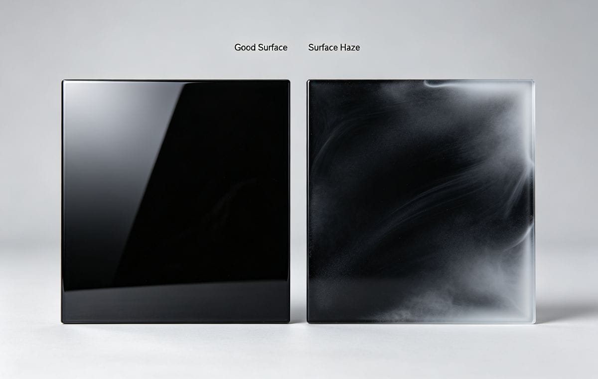 High-gloss black PP injection molded part showing surface haze defect.